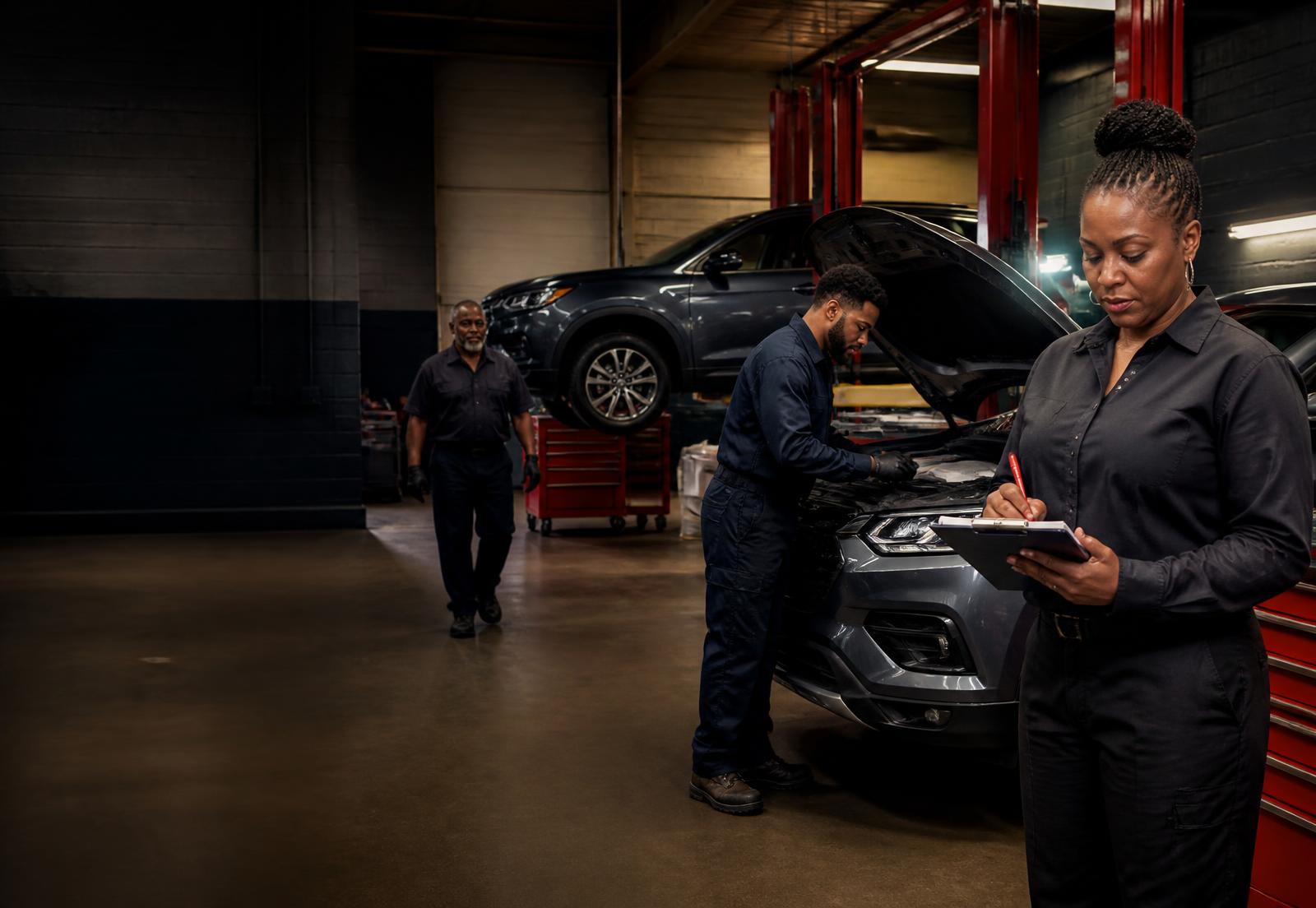 Black automotive professionals coordinating service in a modern repair shop